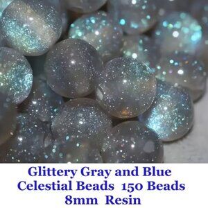 Glittery Gray and Blue Celestial Beads 150 Beads, 8mm Resin